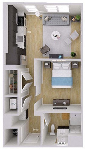 Floor plan for studio, 1 bath, 608 sqft