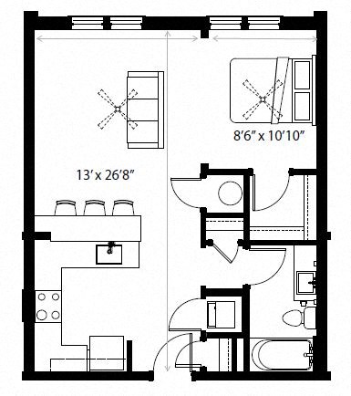 Floor plan for studio, 1 bath, 632 sqft