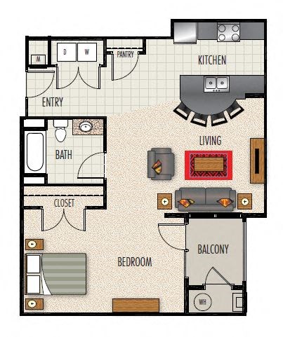 Floor plan for studio, 1 bath, 799 sqft