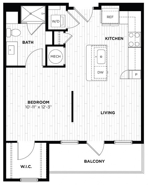 Floor plan for studio, 1 bath, 598 sqft