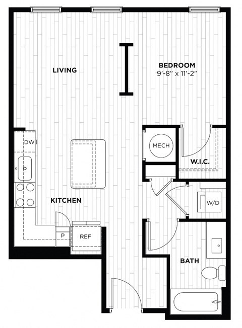 Floor plan for studio, 1 bath, 618 sqft