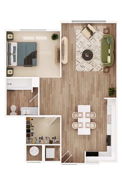 Floor plan for 1 bed, 1 bath, 807 sqft