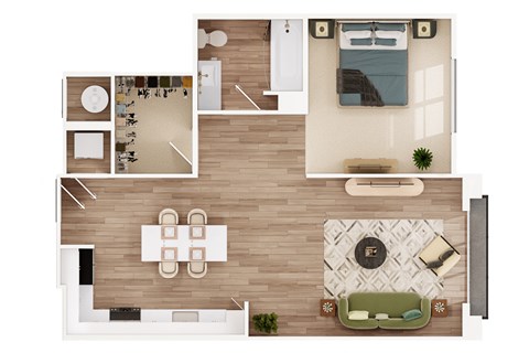 Floor plan for 1 bed, 1 bath, 796 sqft