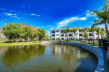 A pond in front of a building with palm trees
