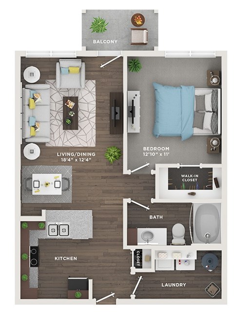 Floor plan for 1 bed, 1 bath, 726 sqft