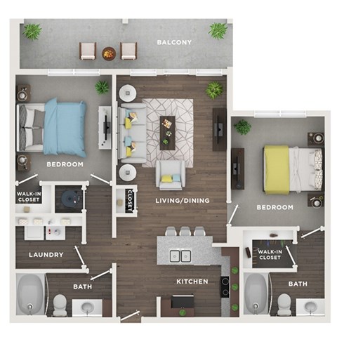 Floor plan for 2 beds, 2 baths, 1006 sqft