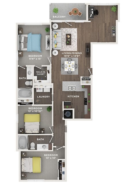 Floor plan for 3 beds, 2 baths, 1388 sqft