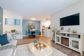 Ashburn apartment for rent - A living room with a grey sofa, a coffee table, a fireplace, and a television.