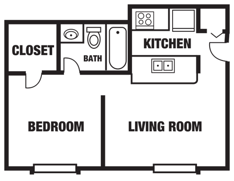 Floor plan for 1 bed, 1 bath, 448 sqft