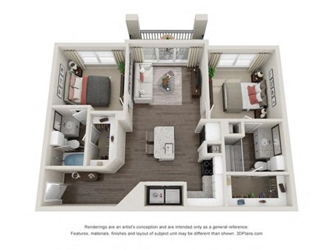 Floor plan for 2 beds, 2 baths, 911 sqft