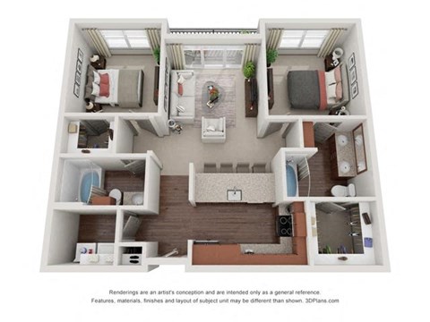 Floor plan for 2 beds, 2 baths, 1001 sqft