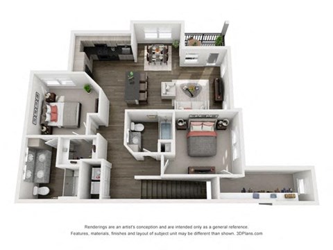Floor plan for 2 beds, 2 baths, 1294 sqft