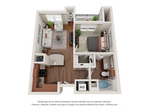 Floor plan for 1 bed, 1 bath, 599 sqft