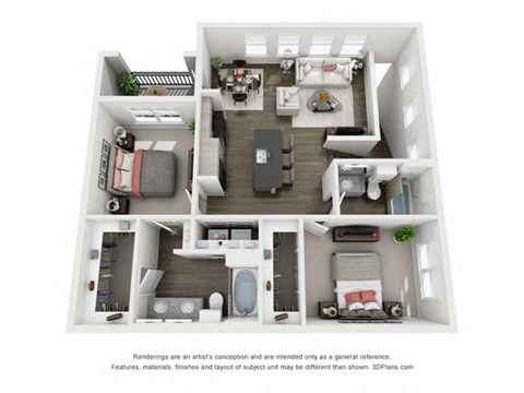 Floor plan for 2 beds, 2 baths, 1081 sqft