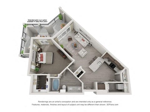 Floor plan for 1 bed, 1 bath, 861 sqft