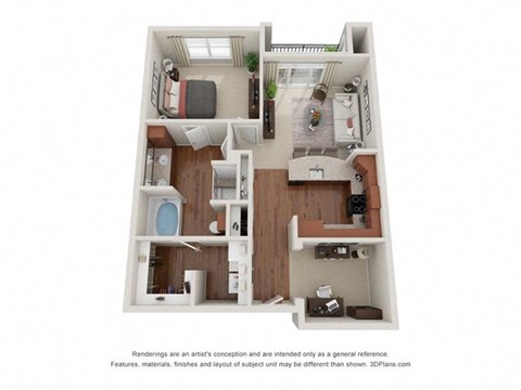 Floor plan for 1 bed, 1 bath, 885 sqft