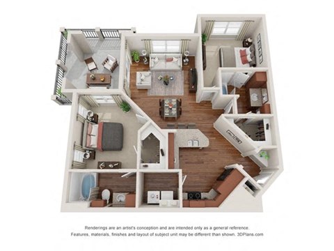 Floor plan for 2 beds, 2 baths, 1169 sqft