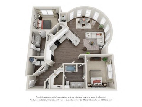 Floor plan for 2 beds, 2 baths, 1307 sqft