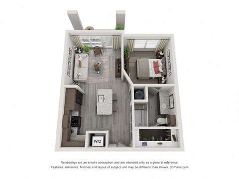 Floor plan for 1 bed, 1 bath, 604 sqft