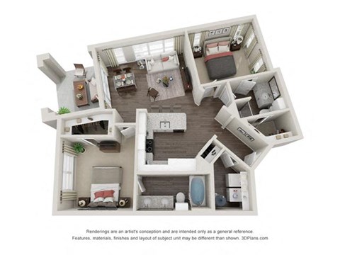 Floor plan for 2 beds, 2 baths, 1030 sqft