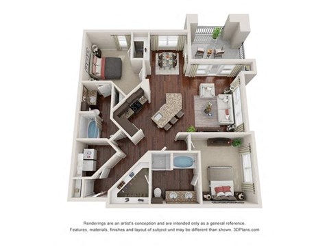 Floor plan for 2 beds, 2 baths, 1259 sqft