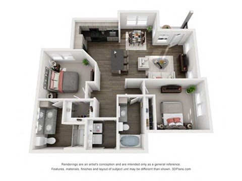 Floor plan for 2 beds, 2 baths, 1083 sqft