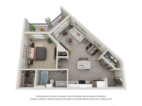 Floor plan for 1 bed, 1 bath, 693 sqft