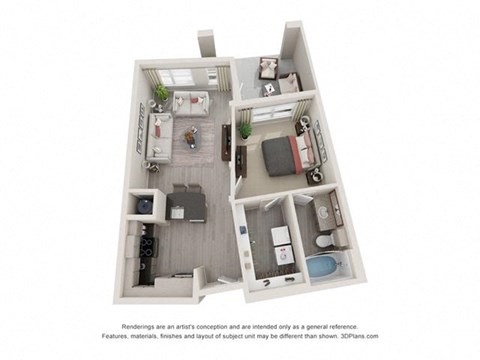 Floor plan for 1 bed, 1 bath, 669 sqft