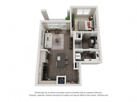 Floor plan for 1 bed, 1 bath, 629 sqft