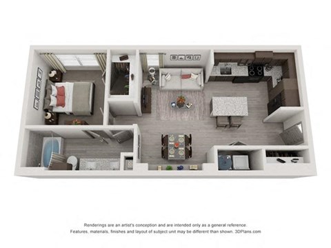 Floor plan for 1 bed, 1 bath, 701 sqft