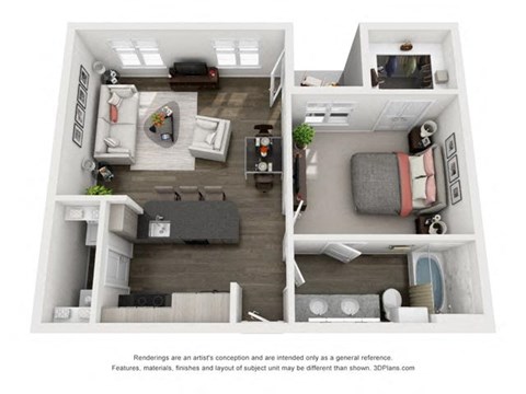 Floor plan for 1 bed, 1 bath, 678 sqft