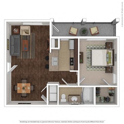 Floor plan for 1 bed, 1 bath, 726 sqft