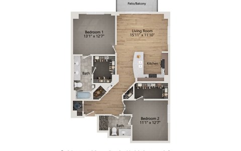 Floor plan for 2 beds, 2 baths, 1320 sqft