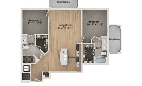 Floor plan for 2 beds, 2 baths, 1249 sqft