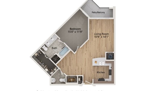 Floor plan for 1 bed, 1.5 baths, 932 sqft