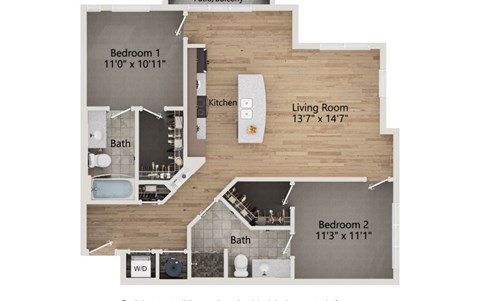 Floor plan for 2 beds, 2 baths, 1209 sqft