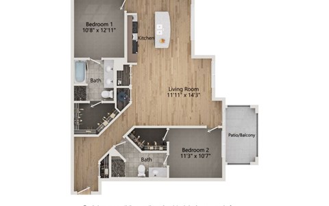 Floor plan for 2 beds, 2 baths, 1389 sqft