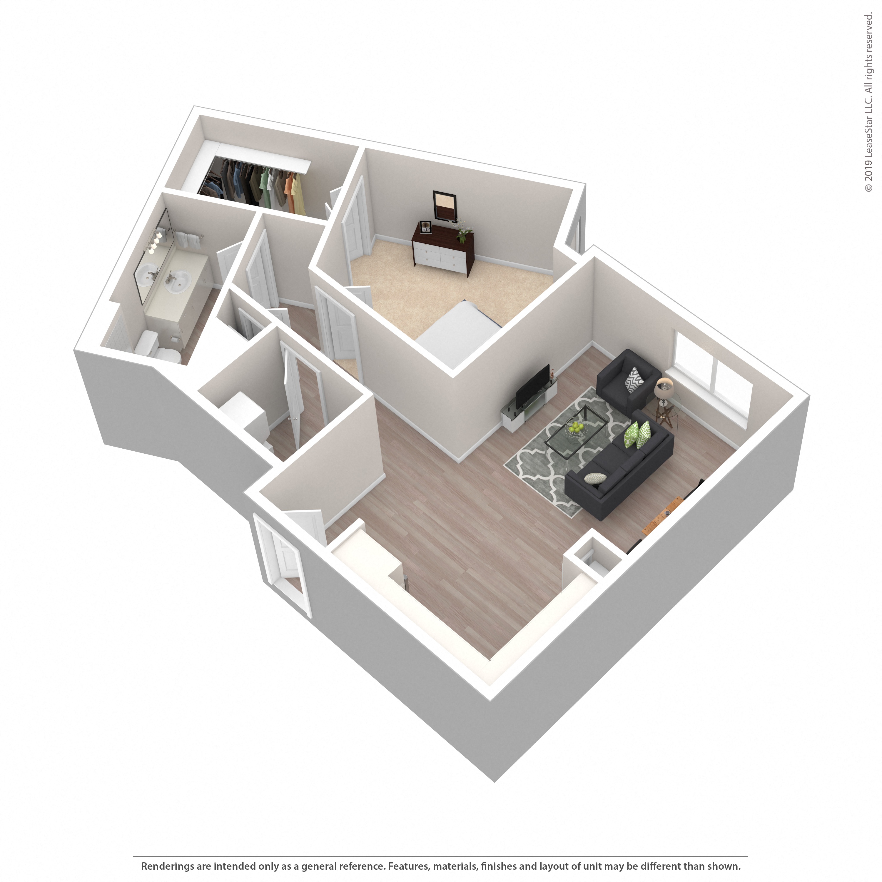 Floor plan for 1 bed, 1 bath, 788 sqft