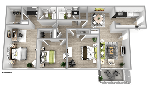Floor plan for 3 beds, 2 baths, 1300 sqft
