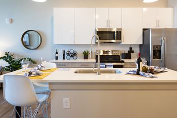 Quartz countertops in kitchen + bath