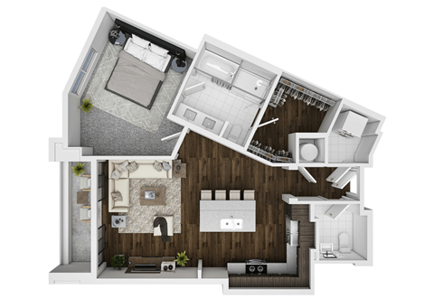 Floor plan for 1 bed, 1.5 baths, 940 sqft