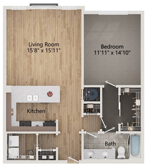 Floor plan for 1 bed, 1 bath, 882 sqft
