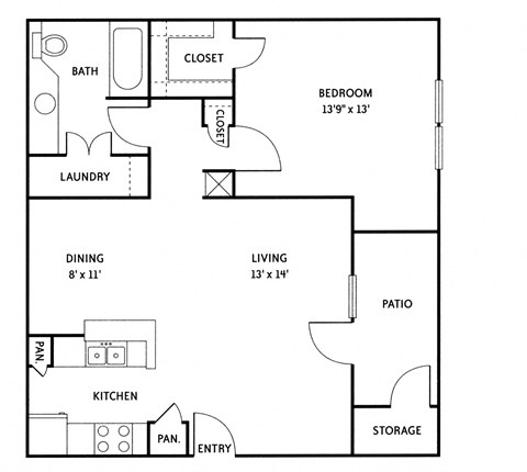 Floor plan for 1 bed, 1 bath, 855 sqft