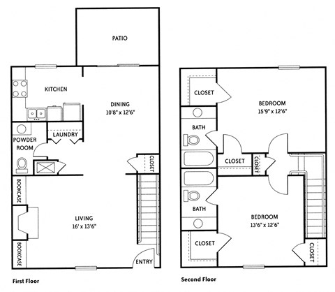 Floor plan for 2 beds, 2 baths, 1405 sqft
