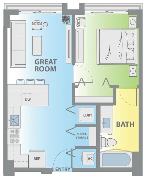 Floor plan for 1 bed, 1 bath, 505 sqft