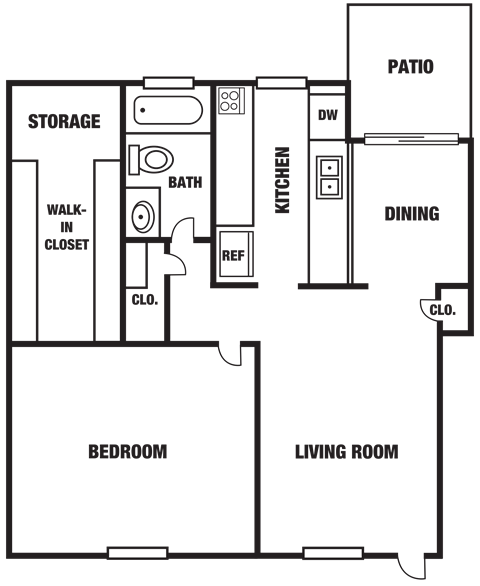 Floor plan for 1 bed, 1 bath, 702 sqft