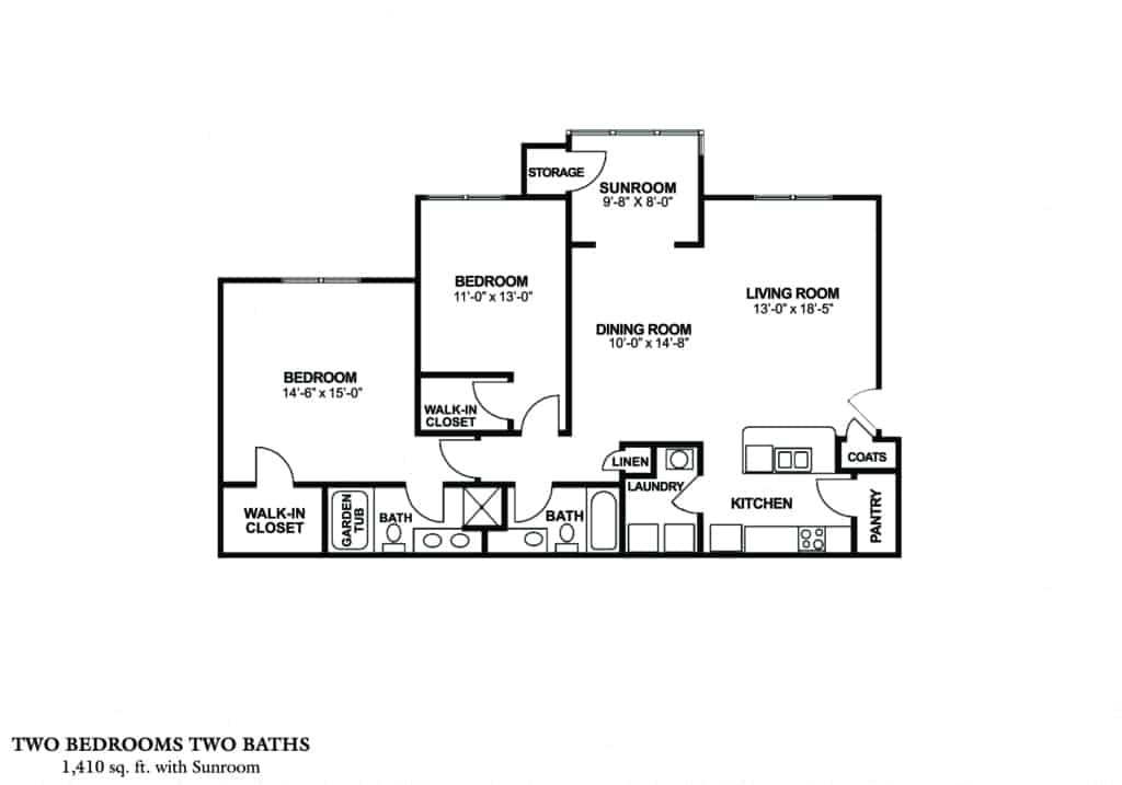 Floor plan for 2 beds, 2 baths, 1410 sqft