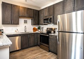 Cleveland apartment for rent - a kitchen with dark cabinets and stainless steel appliances