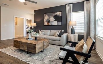 Brunswick apartment for rent - A living room with a grey couch, a coffee table, and a painting on the wall.
