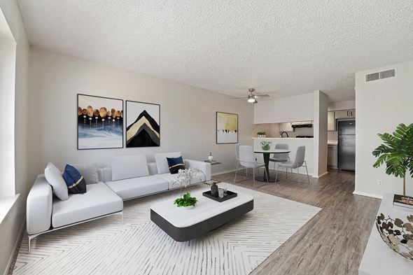 Odessa apartment for rent - A modern living room with a white sofa and a coffee table.